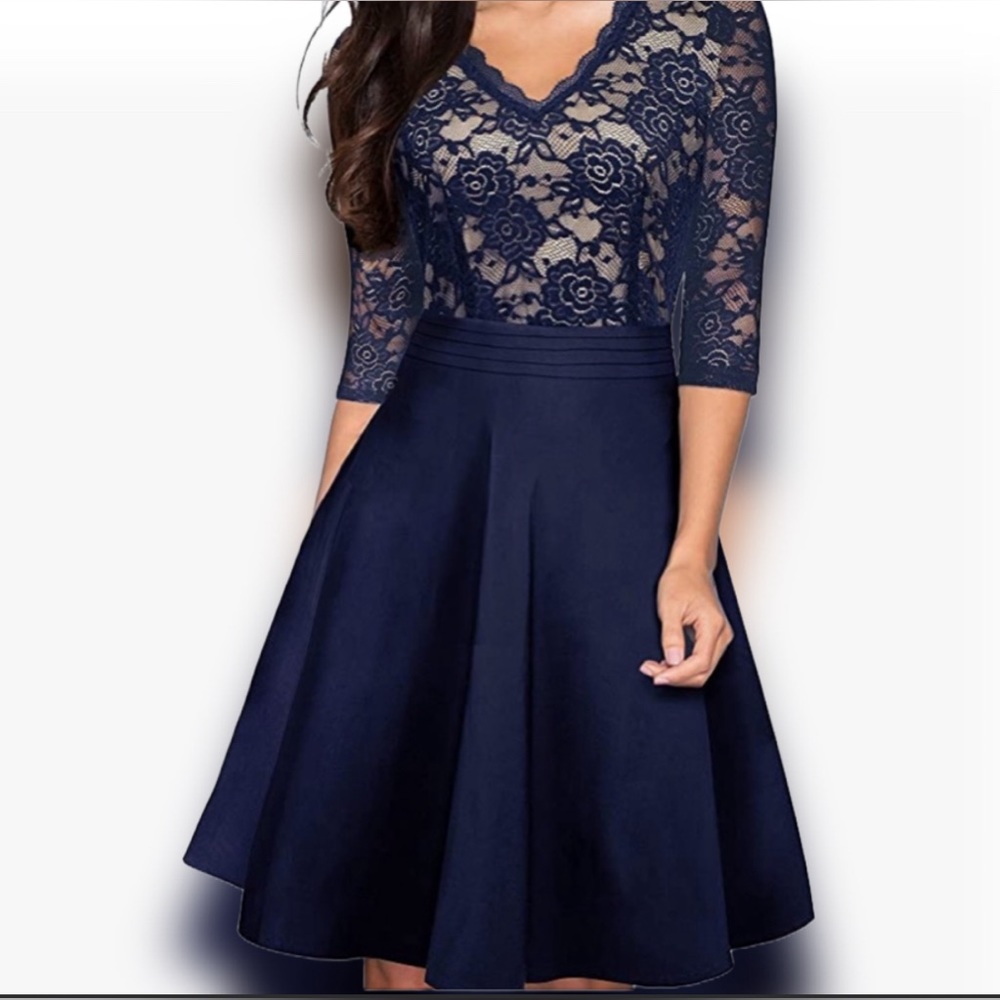 🌺Navy Blue Homeyee Fit and Flare Lace Over Lace Dress🌸🌺